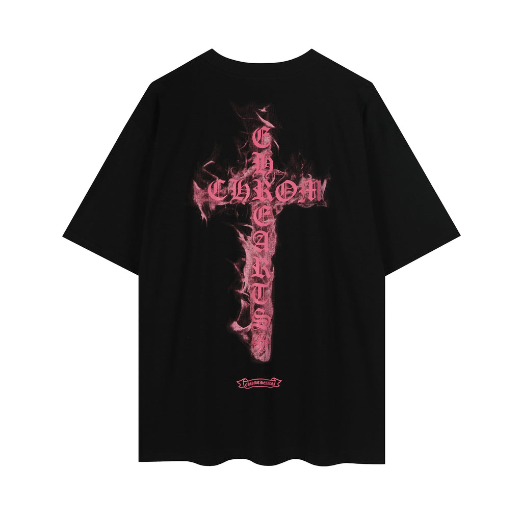 Chrome Hearts Black Base Pink Flame Cross T-shirt P65